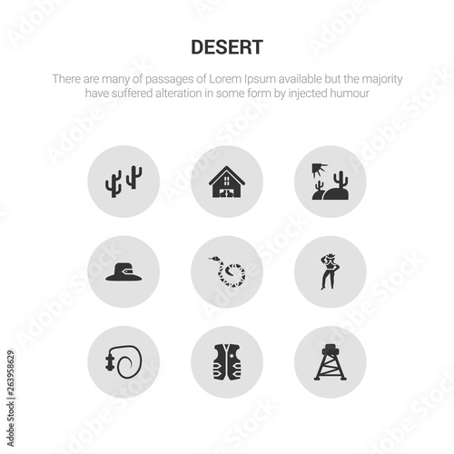 9 round vector icons such as cowboy tower, cowboy vest, cowboy whip, cowgirl, crotalus contains desert hat, desert landscape, desert saloon, tree. tower, vest, icon3_, gray icons