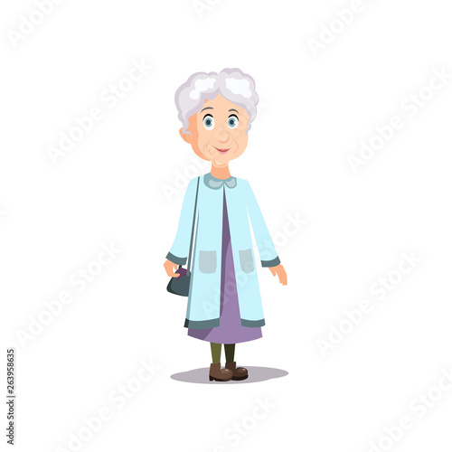 Cute smiling old woman with blue coat ready