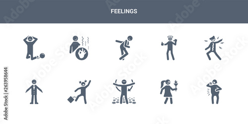 10 feelings vector icons such as exhausted human  fantastic human  fat human  free fresh contains frustrated full funny good grateful feelings icons