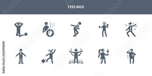 10 feelings vector icons such as exhausted human, fantastic human, fat human, free fresh contains frustrated full funny good grateful feelings icons