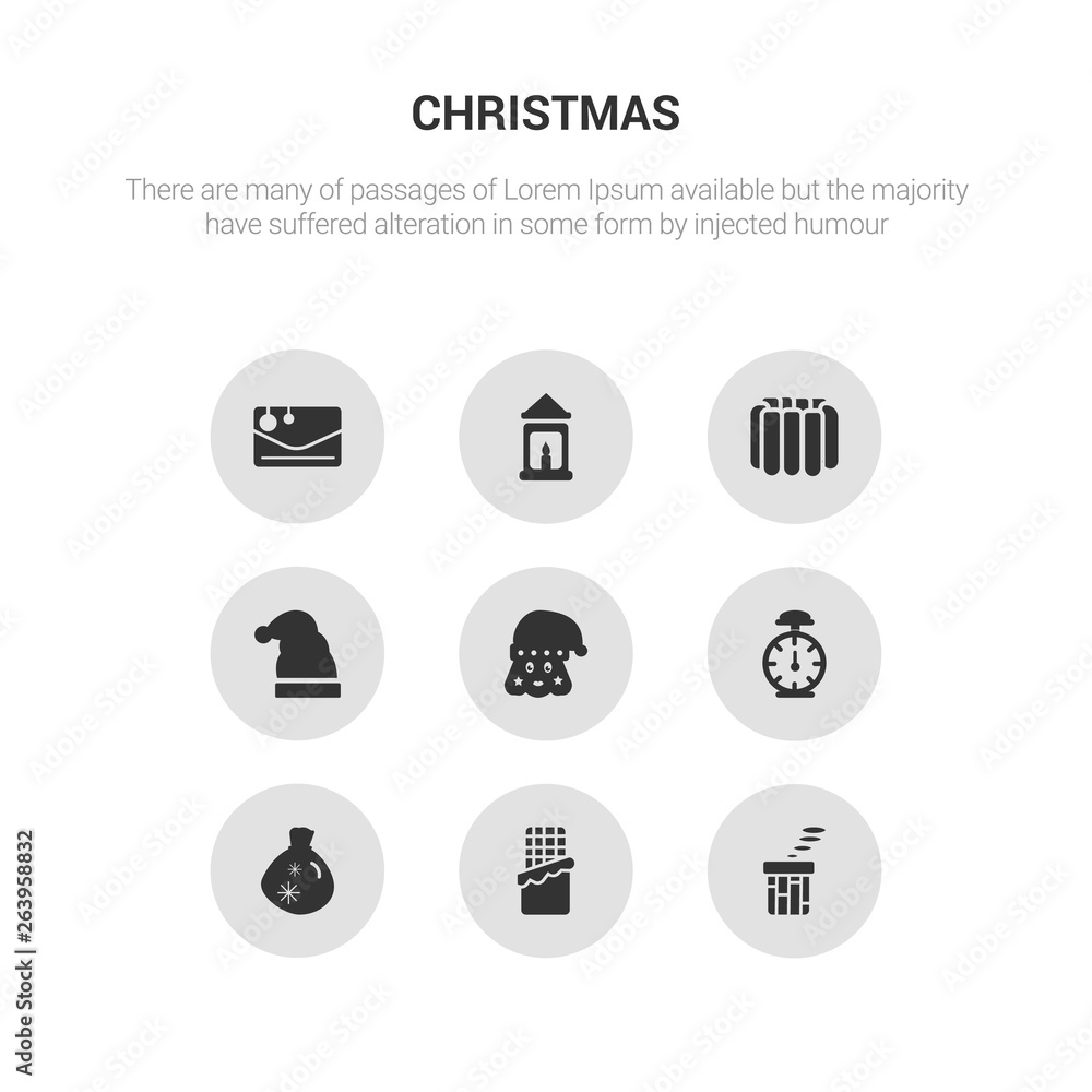 9 round vector icons such as christmas chimney, christmas chocolate, christmas bag, clock, girl contains hat, jelly, lantern, letter. chimney, chocolate, icon3_, gray icons