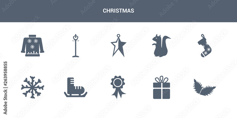 10 christmas vector icons such as christmas peppermint, christmas present, ribbon, shoe, snowflake contains sock, squirrel, star, street light, sweater. icons