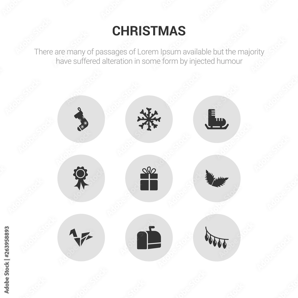 9 round vector icons such as christmas lights, christmas mail box, christmas origami, peppermint, present contains ribbon, shoe, snowflake, sock. lights, mail box, icon3_, gray icons