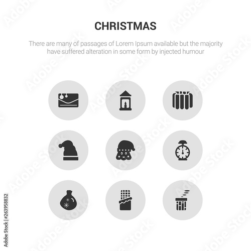 9 round vector icons such as christmas chimney, christmas chocolate, christmas bag, clock, girl contains hat, jelly, lantern, letter. chimney, chocolate, icon3_, gray icons