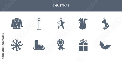 10 christmas vector icons such as christmas peppermint  christmas present  ribbon  shoe  snowflake contains sock  squirrel  star  street light  sweater. icons