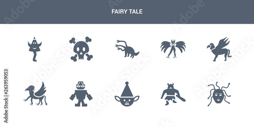 10 fairy tale vector icons such as female medusa, giant, goblin, golem, griffin contains gryphon, harpy, hydra, jolly roger, karakasakozou. fairy tale icons