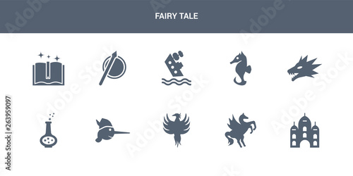 10 fairy tale vector icons such as palace, pegasus, phoenix, pinocchio, potion contains quetzalcoatl, seahorses, shipwreck, spear, spellbook. fairy tale icons