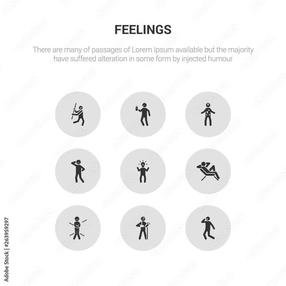 9 round vector icons such as bo human, broken human, chill human, cold comfortable contains confident confused content cool bo broken icon3_, gray feelings icons