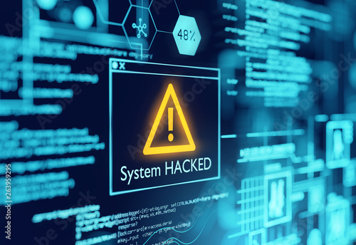A computer popup box screen warning of a system being hacked, compromised software environment. 3D illustration. photo