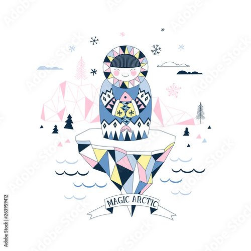 Little cute Eskimo with fish on iceberg. North Pole illustration in Scandinavian style. Antarctic nature isolated clip-art. Arctic ecosystem scene background. Into the wild themed print. Wanderlust