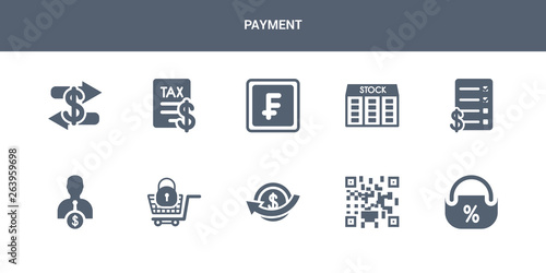 10 payment vector icons such as purse, qr code, refund, secure shopping, seller contains shopping list, stock, swiss franc, tax, trade. payment icons