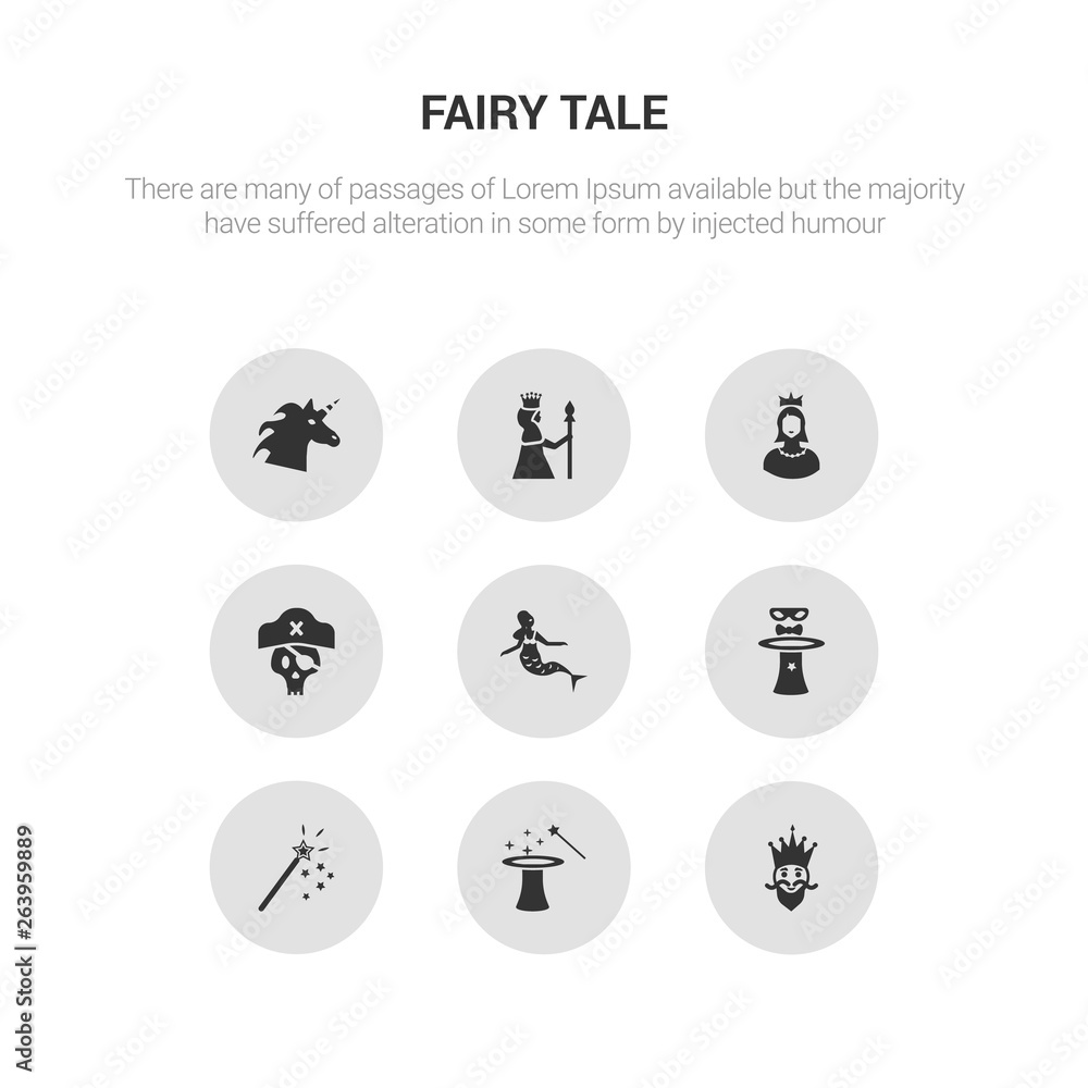 9 round vector icons such as king, magic, magic wand, magician, mermaid contains pirate, princess, queen, unicorn. king, magic, icon3_, gray fairy tale icons