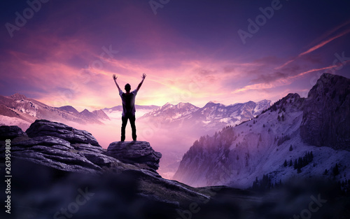 A man standing and reaching up into the sky. Goals, ambition and determination business concept. Photo composite. photo