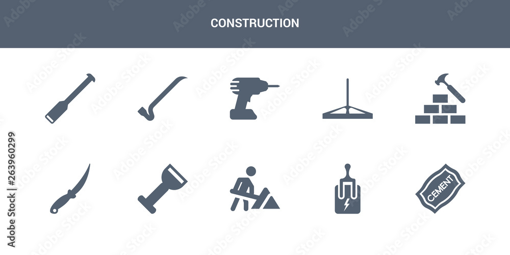 Φωτογραφία 10 construction vector icons such as cement, circuit breaker, road construction, bolster, boning rod contains brick hammer, bump cutter, cordless drill, crowbar, digging bar