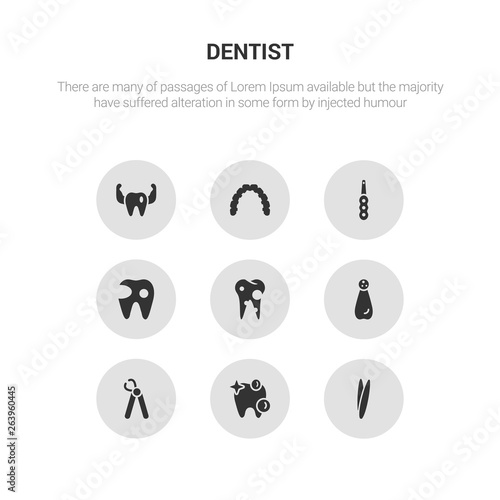 9 round vector icons such as tweezers, white teeth, wisdom tooth, apicoectomy, bicuspid contains cavity, intraoral, lingual braces, prophylaxis. tweezers, white teeth, icon3_, gray dentist icons