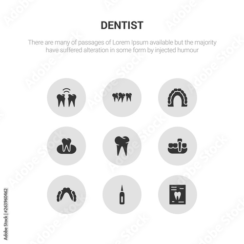 9 round vector icons such as radiograph, sealants, partial denture, overdenture, oral contains occlusal, maxilla, malocclusion, interproximal. radiograph, sealants, icon3_, gray dentist icons