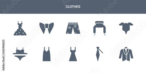 10 clothes vector icons such as dinner jacket, cravat, chemise, camisole, bra & knicker contains baby grow, ushanka, swim shorts, butterfly tie, vintage dress. clothes icons
