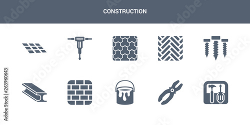 10 construction vector icons such as toolbox, plier, paint bucket, birck wall, beam contains screws, parquet, paving, hydraulic breaker, tiles. construction icons