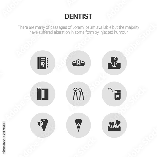 9 round vector icons such as extraction, fake tooth, filler, floss, forceps of dentist tools contains gauze, gum, headlamp, health report. extraction, fake tooth, icon3_, gray dentist icons