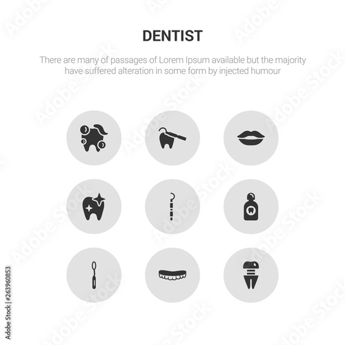 9 round vector icons such as molar crown, mouth, mouth mirror, mouth wash, periodontal scaler contains shiny tooth, smiling, teeth, tooth cleaning. molar crown, icon3_, gray dentist icons
