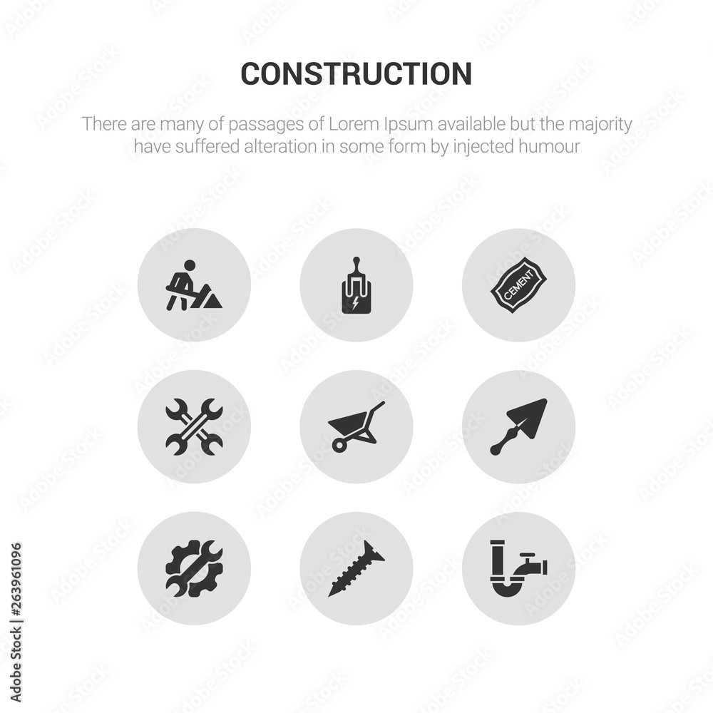 9 round vector icons such as pipe, screw, tools, trowel, wheelbarrow contains wrench, cement, circuit breaker, road construction. pipe, screw, icon3_, gray construction icons