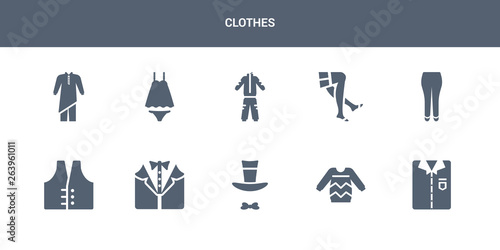 10 clothes vector icons such as shirt  sweater  top hat  tuxedo  vest contains briefs  stockings  tracksuit  nightwear  kurta. clothes icons