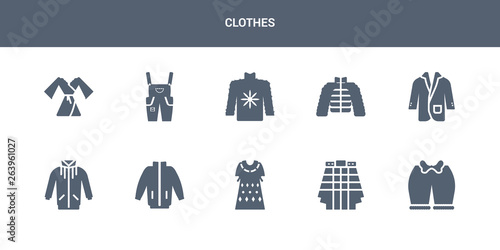 10 clothes vector icons such as knickers  kilt  kaftan  windbreaker  jogging jacket contains suit jacket  puffer jacket  fleece  dungarees  dressing gown. clothes icons