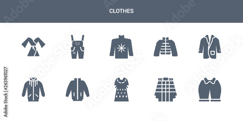 10 clothes vector icons such as knickers, kilt, kaftan, windbreaker, jogging jacket contains suit jacket, puffer jacket, fleece, dungarees, dressing gown. clothes icons
