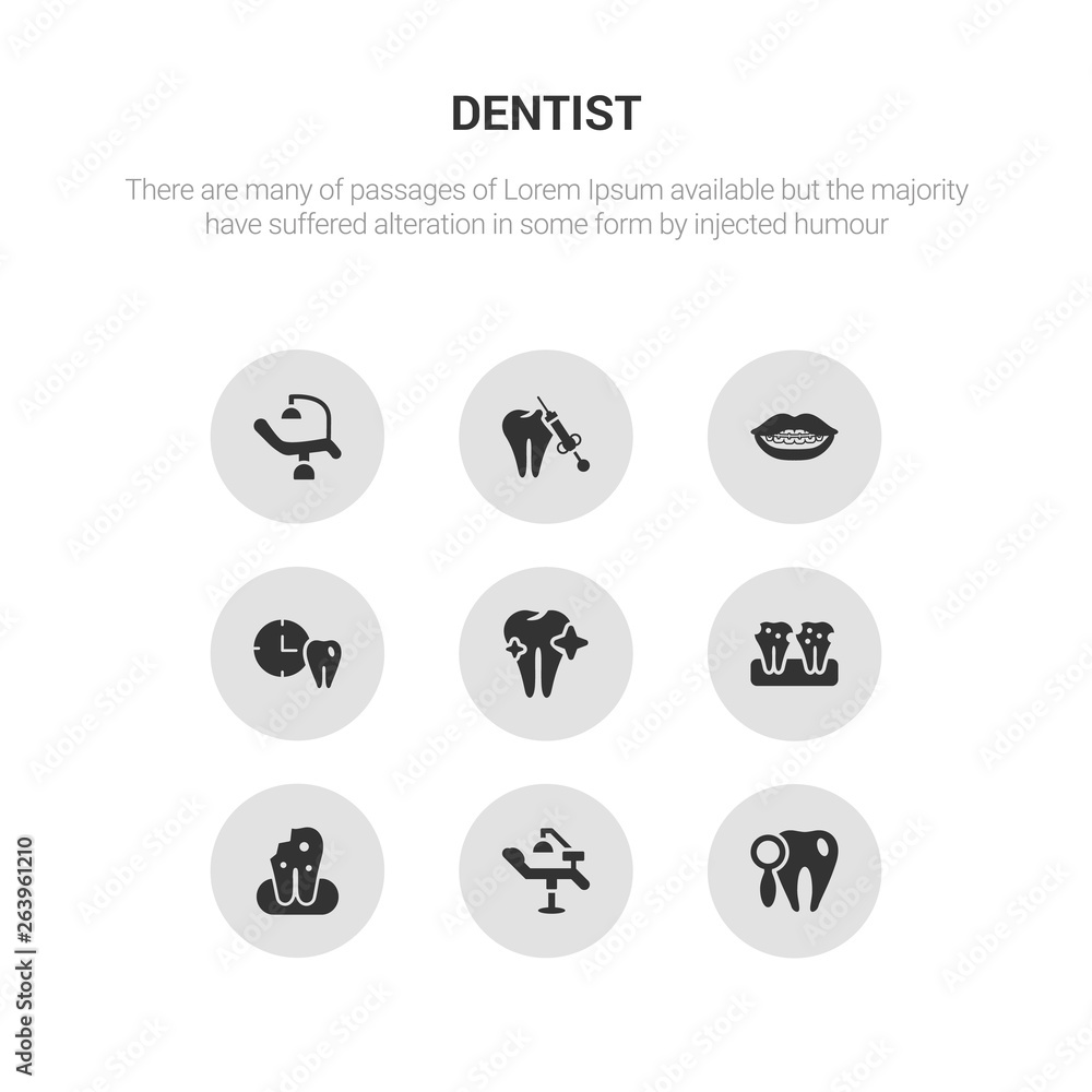 9 round vector icons such as check up, clinic, damaged tooth, decay, dental contains dental appointment, dental brackets, care, chair. check up, clinic, icon3_, gray dentist icons