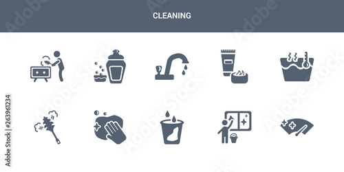 10 cleaning vector icons such as wiper, window cleaner, liquid, wiping, feather duster contains hot water, cream, tap, dish soap, dusting. cleaning icons