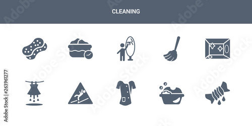 10 cleaning vector icons such as squeeze, washing clothes, cleaner uniform, slippery, soak contains clean room, floor mop, glass cleaning, water soak, sponges. cleaning icons