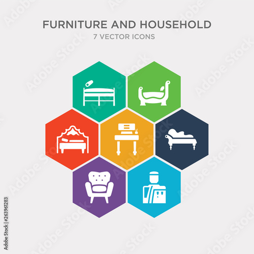 simple set of water dispenser, fauteuil, fainting couch, davenport icons, contains such as icons canopy bed, sleigh bed, daybed and more. 64x64 pixel perfect. infographics vector