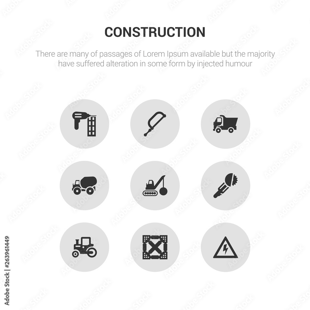 9 round vector icons such as high voltage, joist, steamroller, circular saw, demolition contains concrete, tipper, hacksaw, nail gun. high voltage, joist, icon3_, gray construction icons