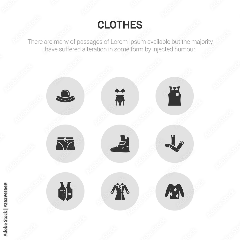 9 round vector icons such as sweatshirt, trench coat, waistcoat, sock, sneaker contains boxers, sleeveless shirt, lingerie, bowler hat. sweatshirt, trench coat, icon3_, gray clothes icons