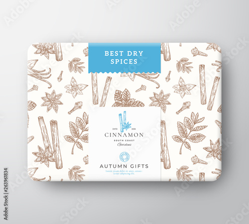 Dried Spices Cardboard Box. Abstract Vector Wrapped Paper Container with Label Cover. Packaging Design. Modern Typography and Hand Drawn Cinnamon and Leaves Background Pattern Layout.