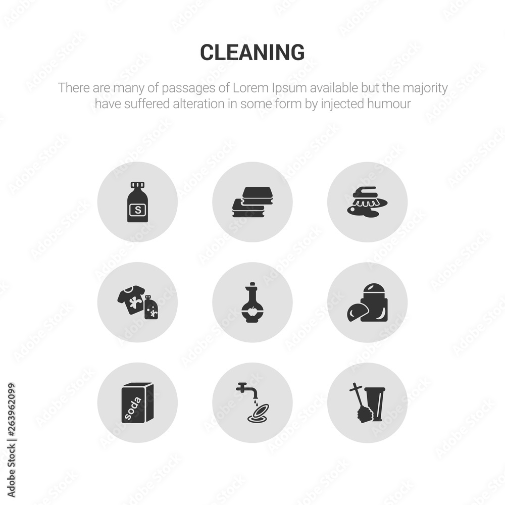 9 round vector icons such as toilet brush, washing dishes, baking soda, deodorizer, vinegar contains stain remover, scrub brush, scouring pads, solvent. toilet brush, washing dishes, icon3_, gray