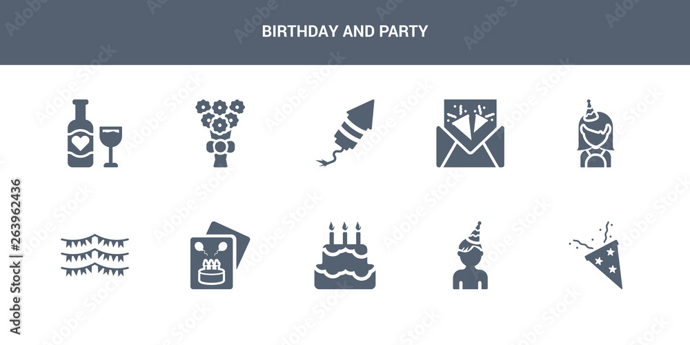 10 birthday and party vector icons such as birthday, birthday boy, cake, card, flag contains girl, invitation, rocket, bouquet, wedding wine. and party icons
