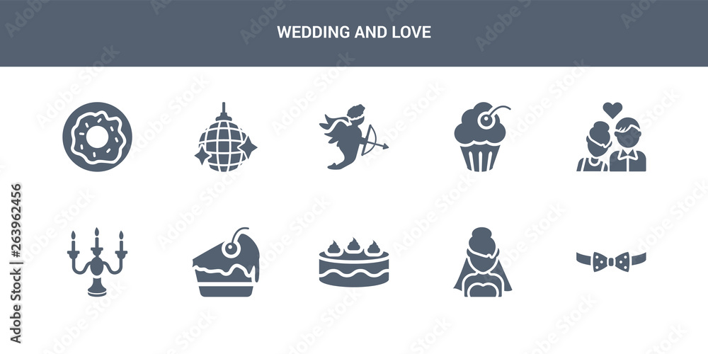 10 wedding and love vector icons such as bow tie, bride, cake, cake slice, candelabra contains couple, cupcake, cupid, disco ball, donut. wedding and love icons