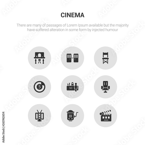 9 round vector icons such as cinema flapper, cinema hurdy gurdy, cinema screen, seats, snack bar contains countdown, director chair, doorway, dressing room. flapper, hurdy gurdy, icon3_, gray icons