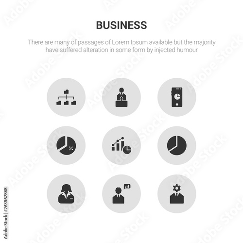 9 round vector icons such as business skills, businessman analysis, businesswoman, chart pie, charts contains circular chart, circular graphic of mobile, conference, connected data. business skills,