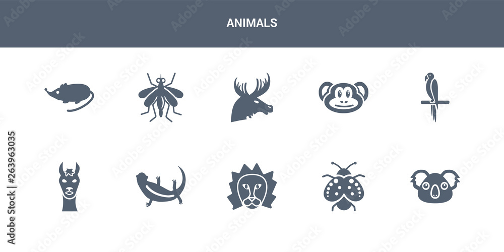 10 animals vector icons such as koala, ladybug, lion, lizard, llama contains macaw, monkey, moose, mosquito, mouse. animals icons