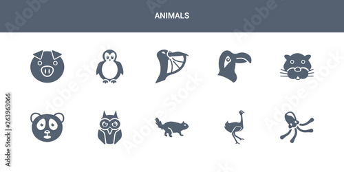 10 animals vector icons such as octopus, ostrich, otter, owl, panda bear contains panther, parrot, pelican, penguin, pig. animals icons