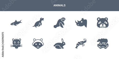 10 animals vector icons such as polar bear, prawn, rabbit, racoon, rat contains panda, rhino, sea cow, seal, shark. animals icons