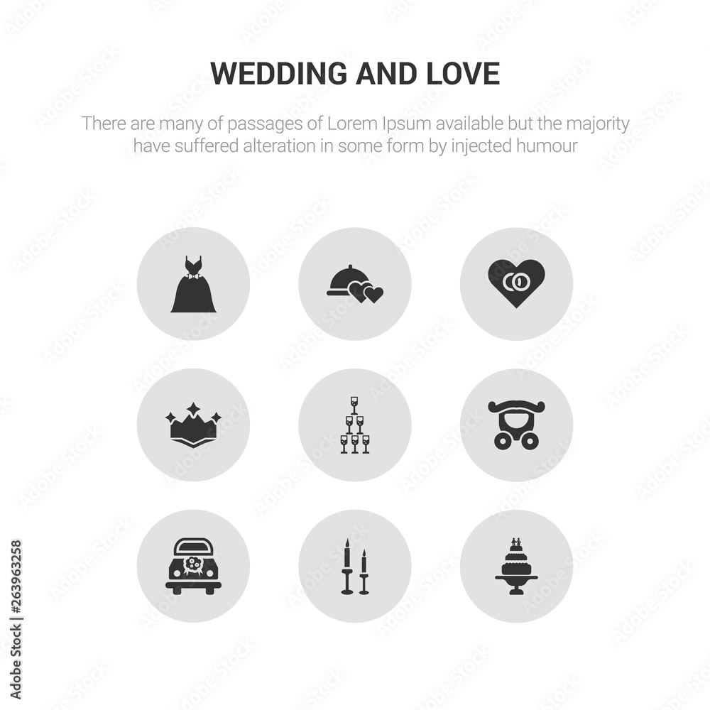9 round vector icons such as wedding cake, wedding candle, wedding car, carriage, champagne contains crown, day, dinner, dress. cake, candle, icon3_, gray and love icons