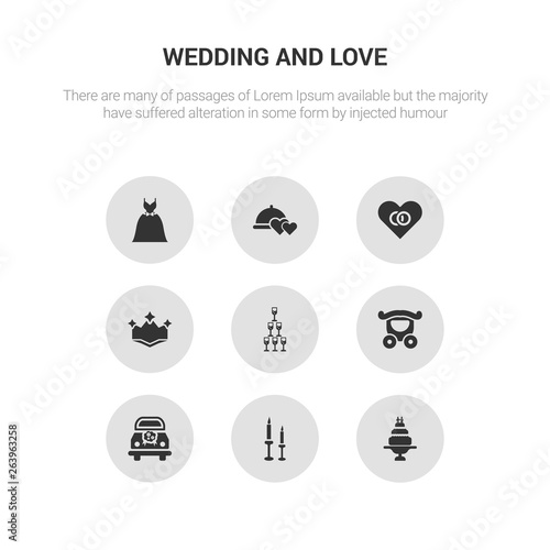 9 round vector icons such as wedding cake, wedding candle, wedding car, carriage, champagne contains crown, day, dinner, dress. cake, candle, icon3_, gray and love icons