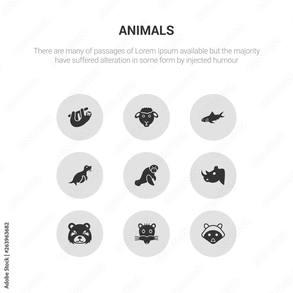 9 round vector icons such as racoon, rat, panda, rhino, sea cow ...