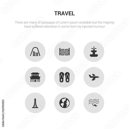 9 round vector icons such as diving, earth globe, eiffel tower, flight, flip flops contains forbidden city, fountain, gate, gateway arch. diving, earth globe, icon3_, gray travel icons