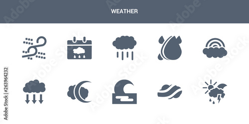 10 weather vector icons such as meteorology, mist, moonrise, new moon, precipitation contains rainbow, raindrops, rainfall, rainy day, sand storms. weather icons