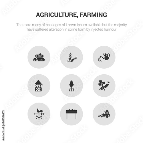 9 round vector icons such as tractor, trough, vane, vegetable, water tower contains water well, watering can, wheat, wood logs. tractor, trough, icon3_, gray agriculture, farming icons