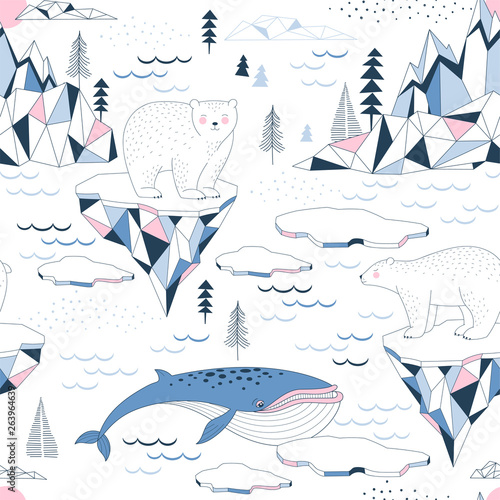 Seamless vector pattern with Polar Bear Blue Whale Ocean Mountains Iceberg Blocks of Ice North Landscape elements. Arctic Wildlife background. North Pole print. Antarctic Nature in Scandinavian style